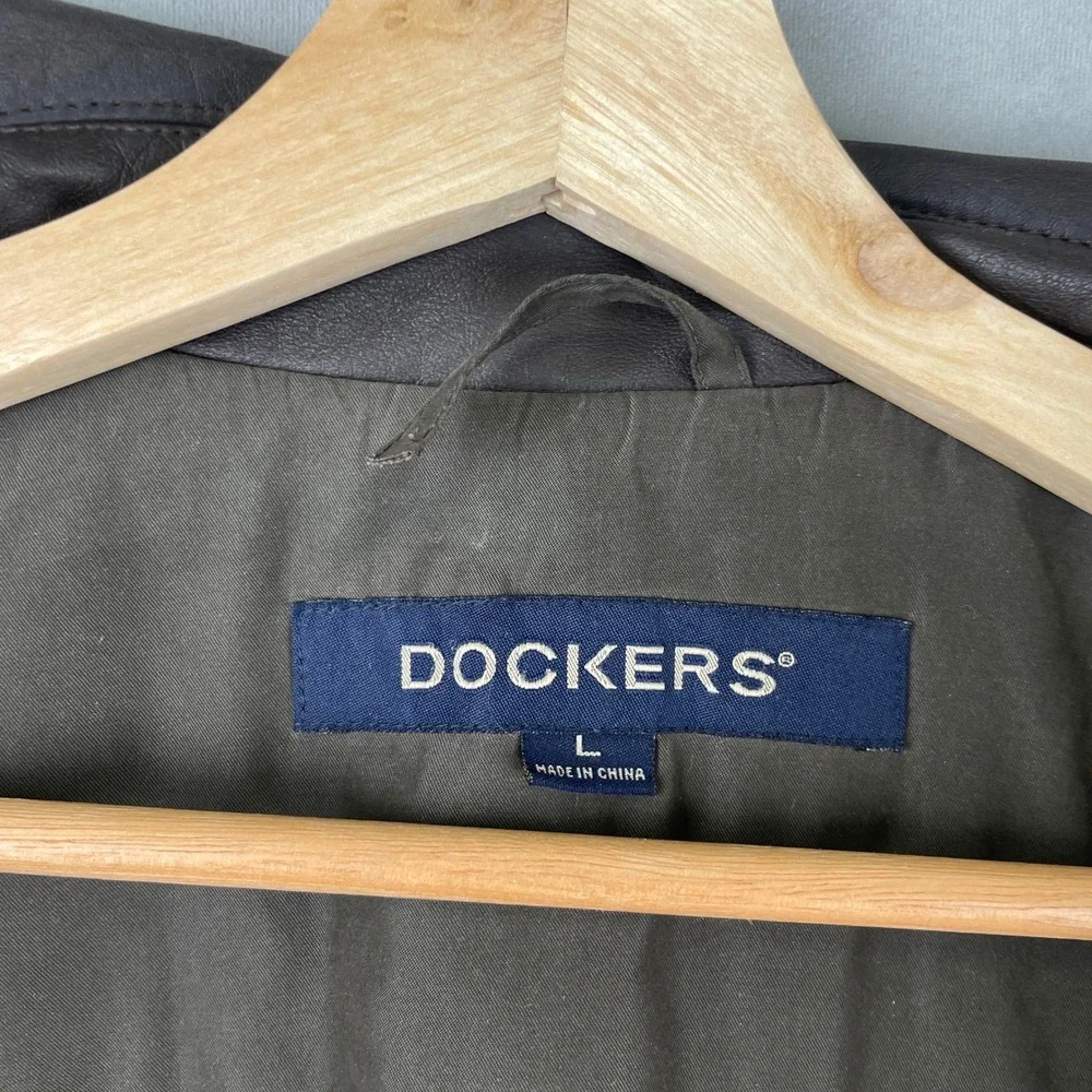 Dockers Mens Field Jacket‎ Olive Brown Resin Coated Fleece Quilted Lined L READ